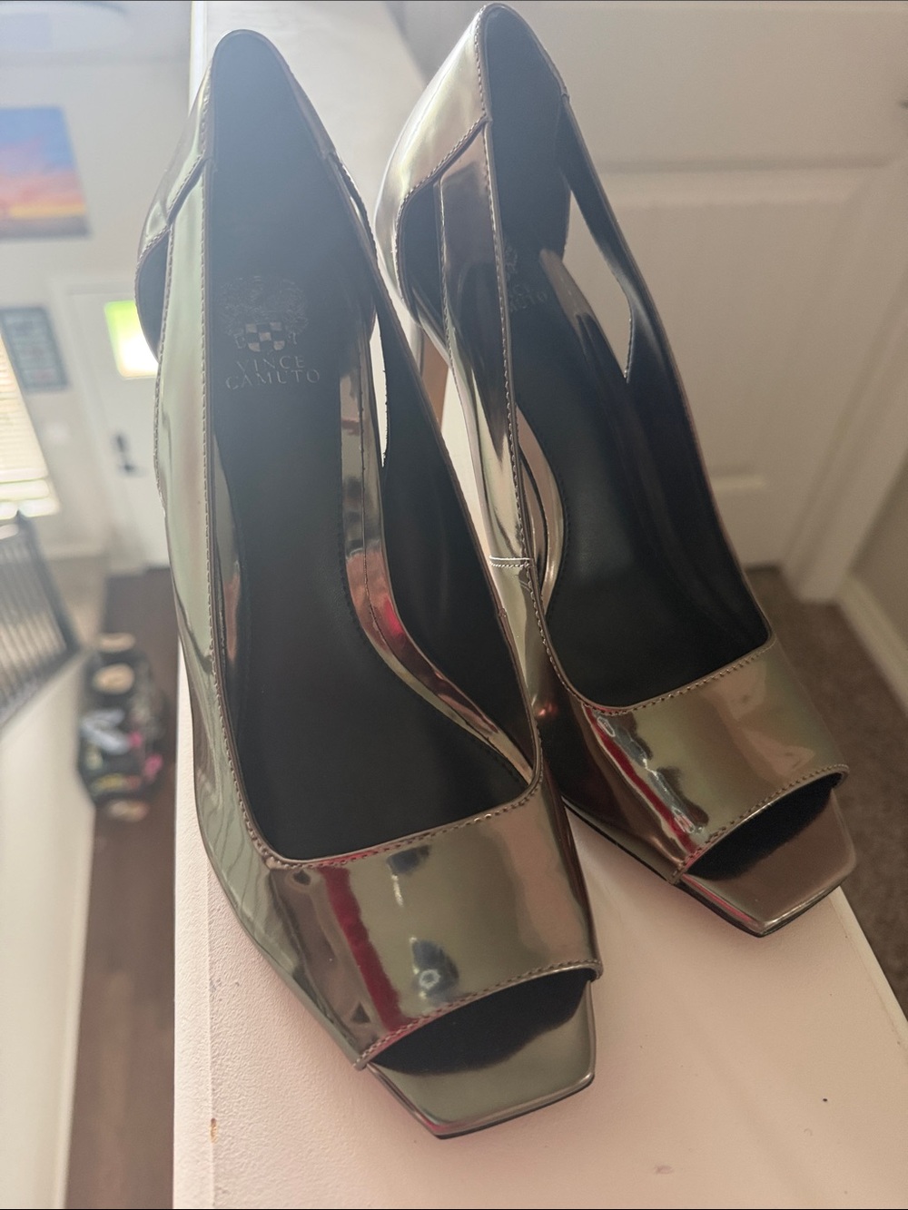 Vince Camuto Lizanie Open Toe Pump in the metallic Dark Pewter